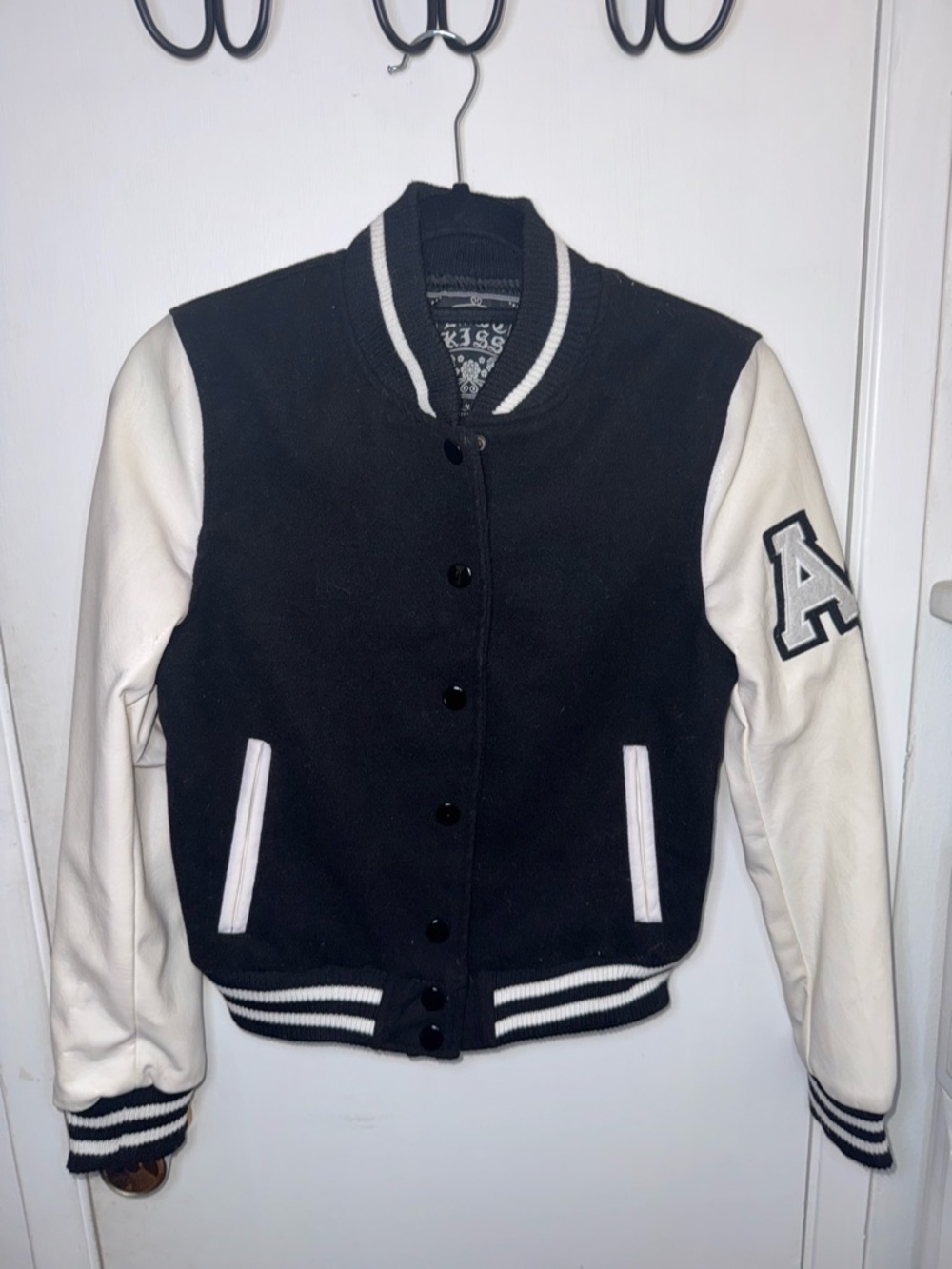 EUC Kiss Black and White Varsity Jacket with 'A' Sleeve Patch